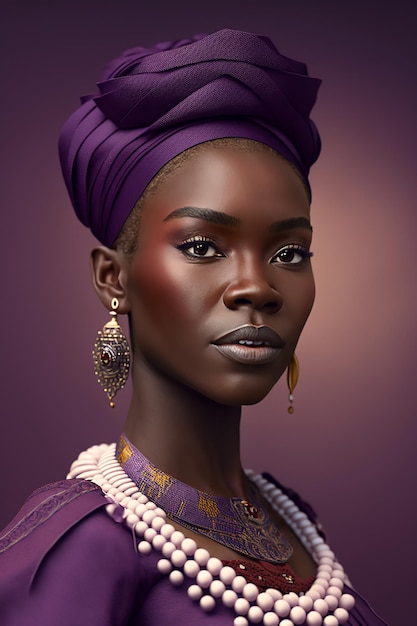 Mulher atraente vestindo traje nacional africano isolado em fundo roxo Generative AI