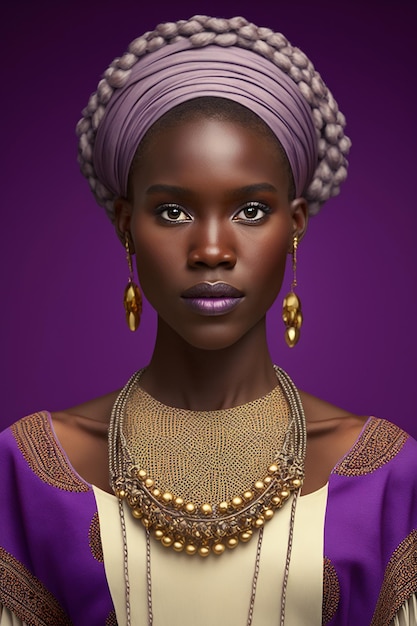 Mulher atraente vestindo traje nacional africano isolado em fundo roxo Generative AI