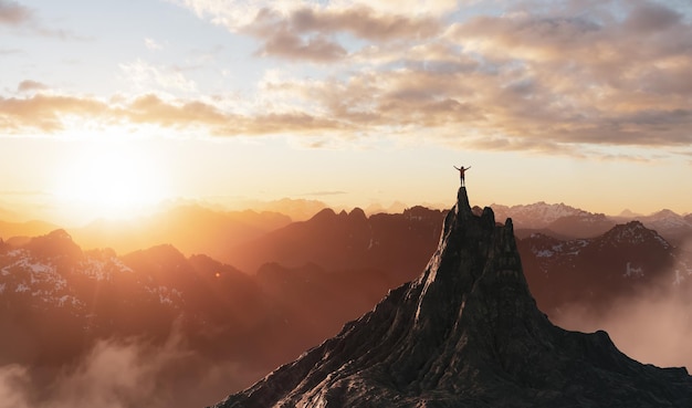 Foto mulher aventureira caminhando no topo de uma montanha