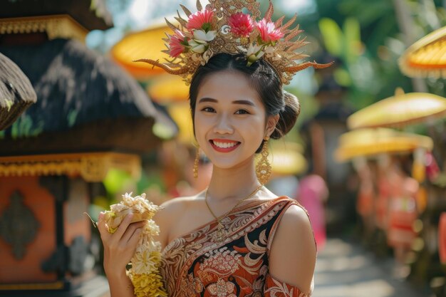 Mulher balinesa sorridente em kebaya tradicional carregando oferta