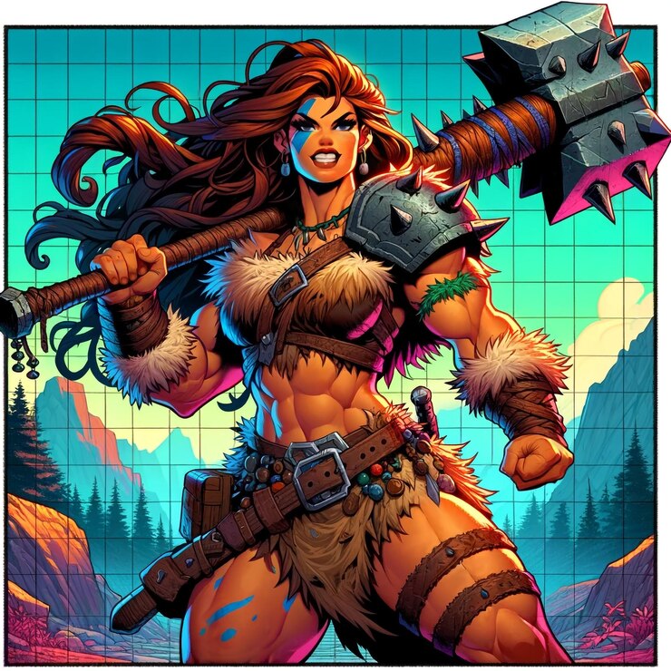 Foto mulher bárbara empunhando um martelo de guerra com espinhos vestida com trajes tribais com fundo vibrante