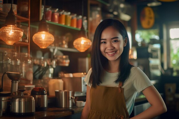 Mulher barista asiática com avental está sorrindo timidamente para foto em um café de Manila