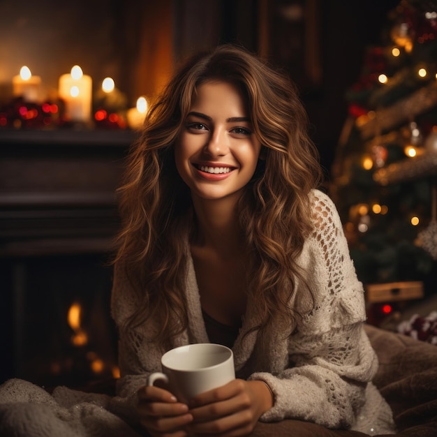 Mulher bebe café quente perto da lareira na sala decorada de Natal