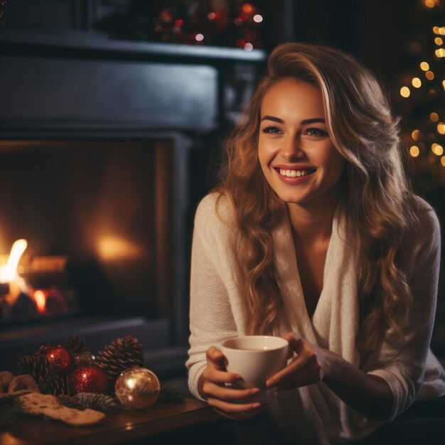 Mulher bebe café quente perto da lareira na sala decorada de Natal