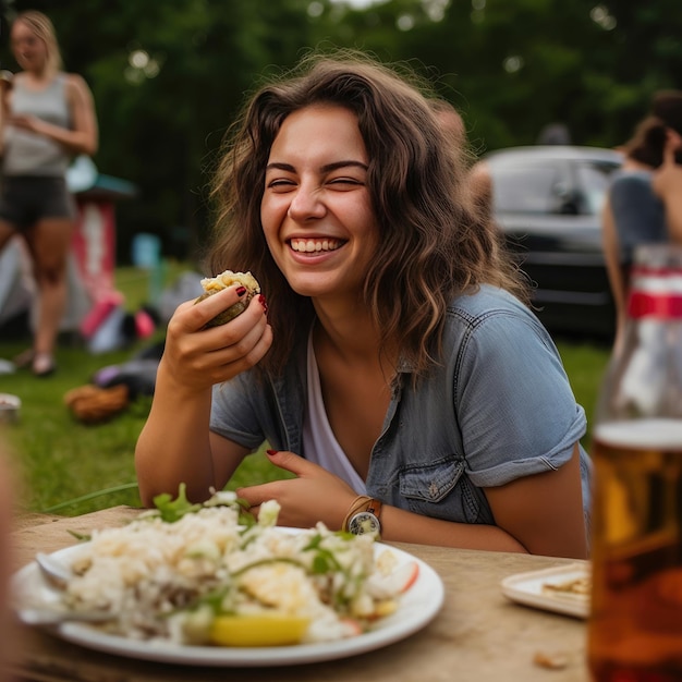 Foto mulher bebe cerveja e gosta de salada de batata enquanto ri com um amigo em um churrasco ao ar livre