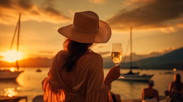 Mulher bebendo vinho na praia ao pôr do sol Generative AI