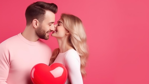 Foto mulher beija homem feliz e sorridente fundo rosa com forma de coração dia dos namorados emoções estilo de vida