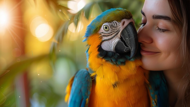 Mulher beijando um papagaio colorido na bochecha