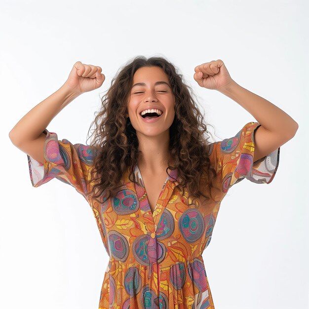 Mulher bem-sucedida celebrando uma vitória em fundo branco