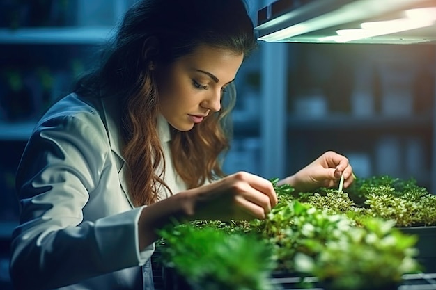 Foto mulher bióloga agrônoma cultivando plantas verdes em laboratório feitas com tecnologia generative ai