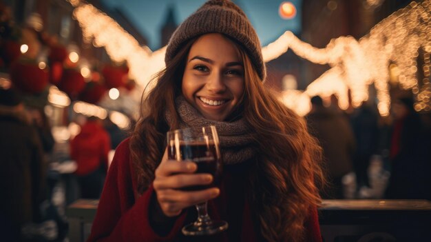 Mulher bonita a beber vinho quente no mercado de Natal ao fundo.