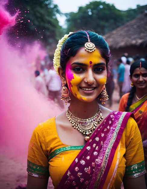 Mulher bonita a brincar de holi.