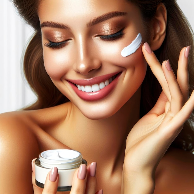 Mulher bonita aplica creme facial mulher sorridente com maquiagem perfeita em fundo branco ai generativa