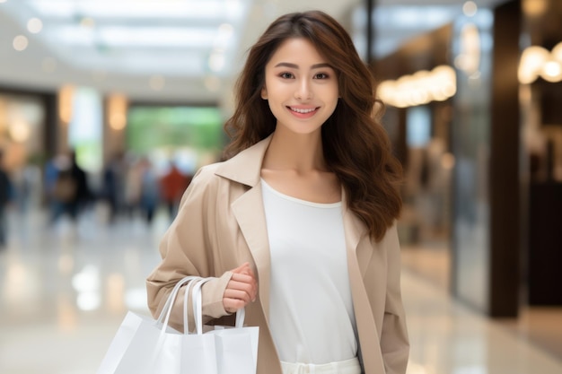 Mulher bonita asiática sorrindo e segurando sacolas de compras, sentindo-se feliz e aproveitando a venda de sexta-feira negra em shopping centers