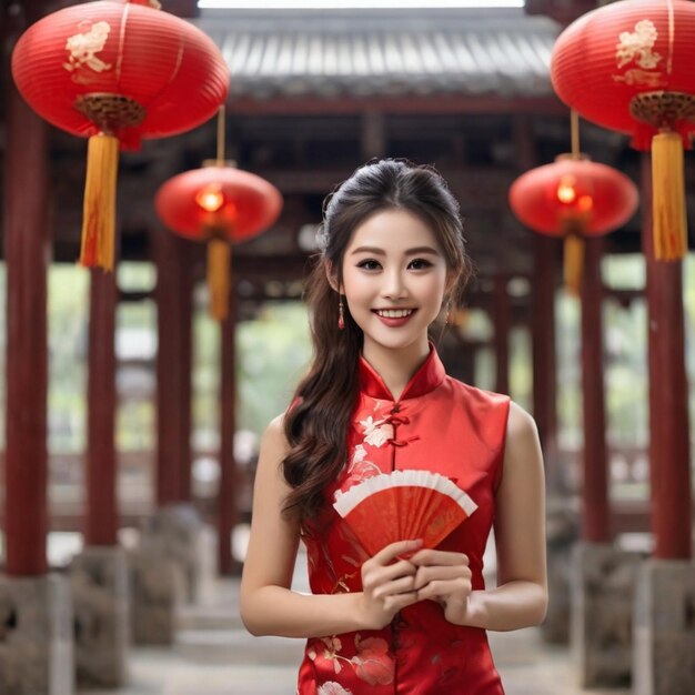 Mulher bonita asiática vestindo um cheongsam sorrindo e segurando envelopes vermelhos pose de fã no santuário