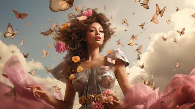 Foto mulher bonita cerca muitas borboletas