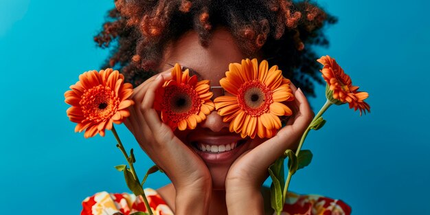 Foto mulher bonita cobre os olhos com duas gerberas laranjas desfruta da primavera