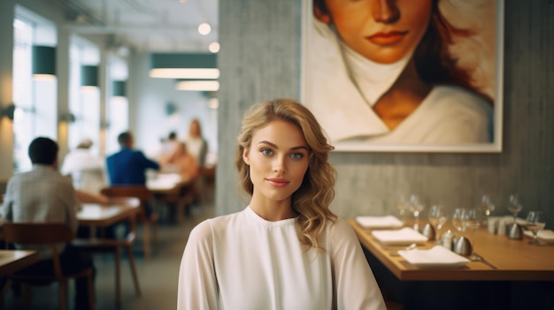 Mulher bonita com aparência de modelo a jantar em restaurantes escandinavos modernos