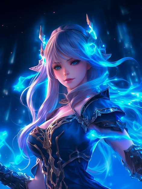 Mulher bonita com asas azuis poderoso estilo Anime Angel Game Character conceito Ai Generated
