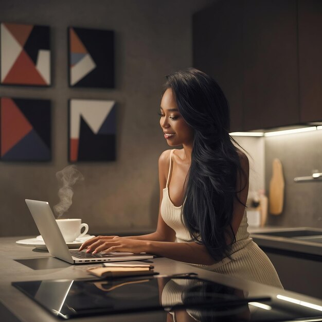 Mulher bonita com cabelo preto está trabalhando em seu laptop e bebendo água na cozinha