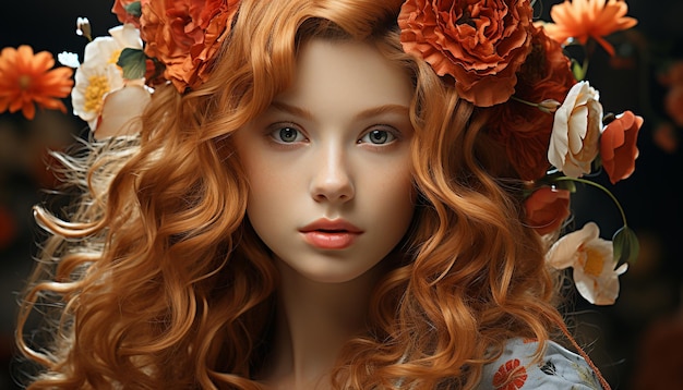 Mulher bonita com cabelos cacheados e flores olhando para câmera gerada por inteligência artificial