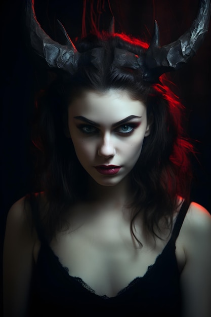 mulher bonita com chifres de demônio olhos demoníacos vestindo traje de Halloween fundo de casa assombrada