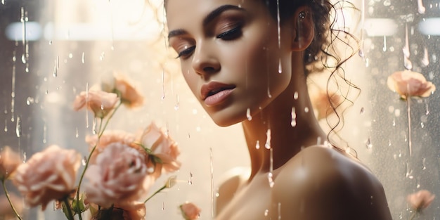 Mulher bonita com flores e pétalas atrás do vidro em pingos de chuva