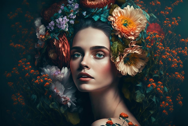 Mulher bonita com flores Retrato de perto vista Conceito do dia da mulher Poder de flor das mulheres IA generativa