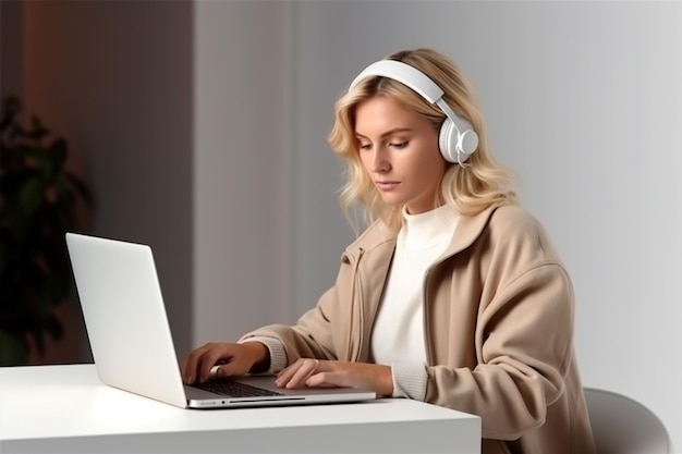 Mulher bonita com fone de ouvido usando laptop contra uma parede branca