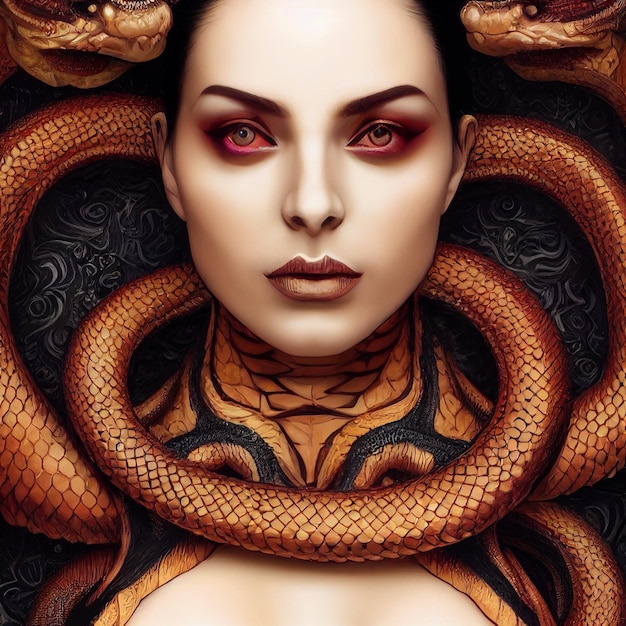 Mulher bonita com ilustração de retrato de Medusa de cobras