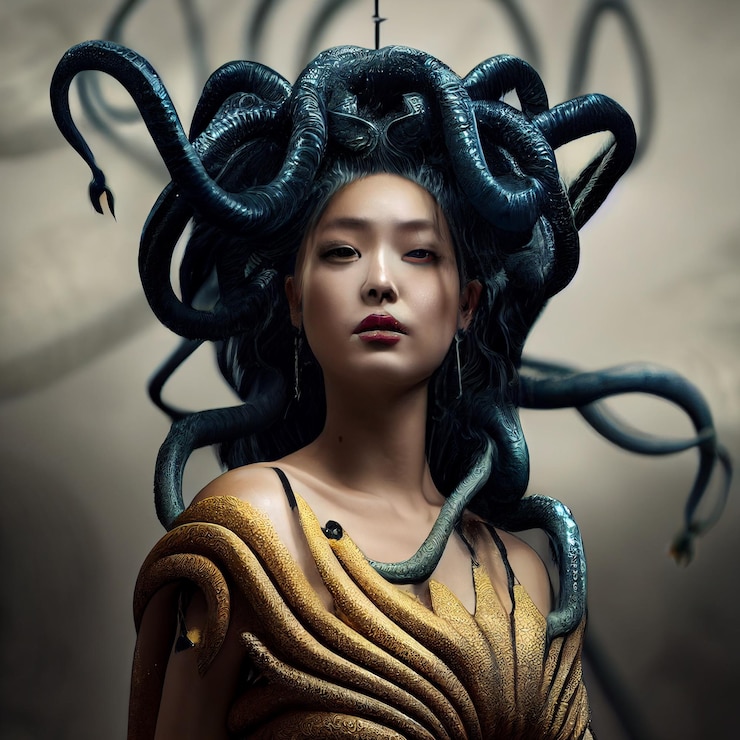 Foto mulher bonita com ilustração de retrato de medusa de cobras