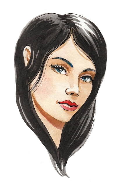 Mulher bonita com longos cabelos negros. Desenho a tinta e aguarela