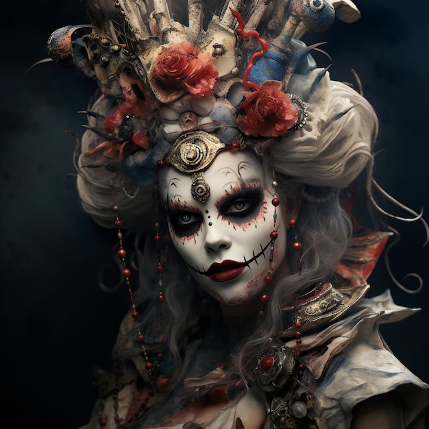 Mulher bonita com maquiagem de caveira de açúcar Dia de los muertos Dia dos Mortos Dia das Bruxas