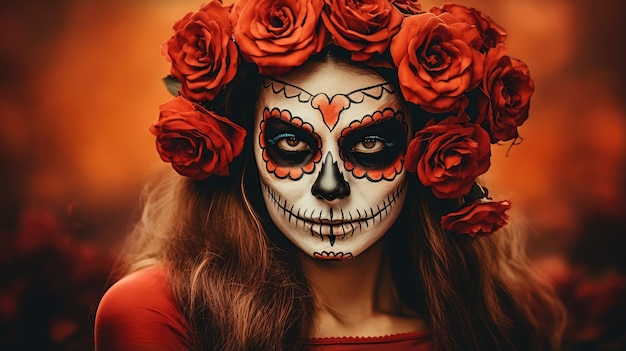 Mulher bonita com maquiagem de caveiras mexicanas no rosto e vestida para o Dia dos Mortos no México