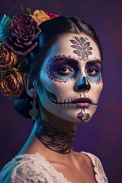 Mulher bonita com maquiagem do dia dos mortos Vividcolor background AI Generated