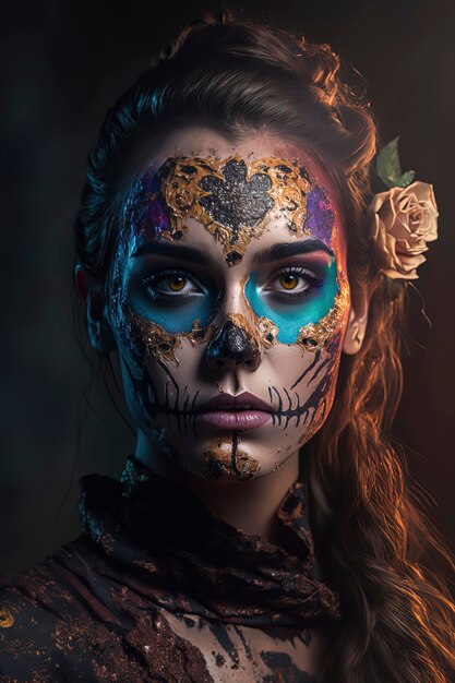 Mulher bonita com maquiagem do dia dos mortos Vividcolor background AI Generated