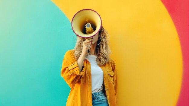 Foto mulher bonita com megafone contra fundo minimalista vívido com espaço de cópia