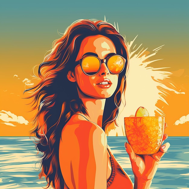 Foto mulher bonita com óculos de sol bebendo coquetel estilo pop art imagem gerada por ia