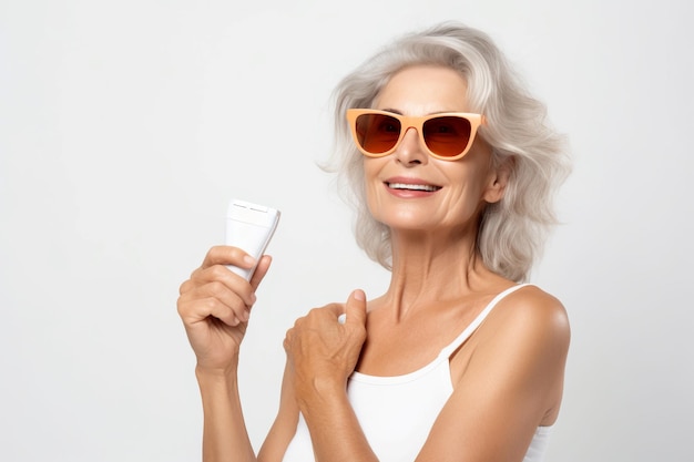 Mulher bonita com óculos de sol segura creme de proteção solar Mulher idosa posando com tubo de produto de protetor solar Gerar ai