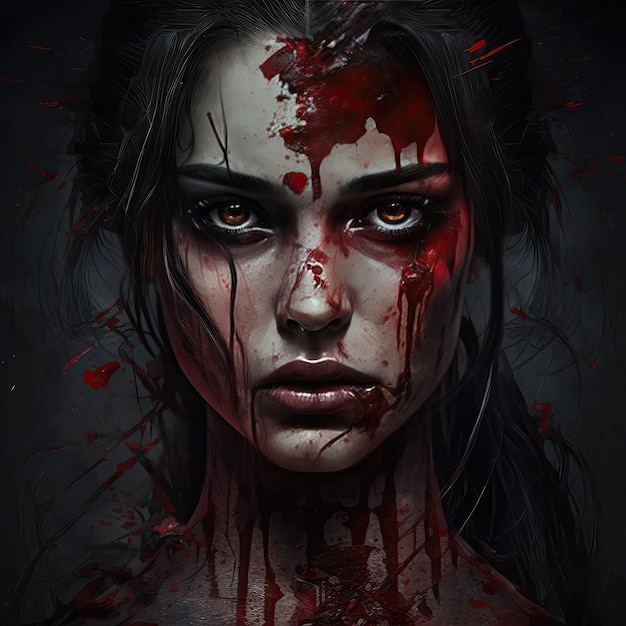 Mulher bonita com olhos castanhos cobertos de sangue sede de sangue cores vermelhas atmosfera sombria vampirismo pessoa inexistente arte de alta resolução generativa inteligência artificial