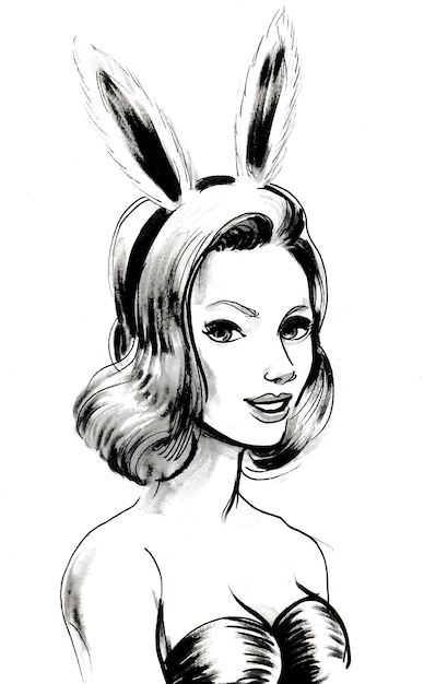 Mulher bonita com orelhas de coelho. Desenho a tinta e aguarela