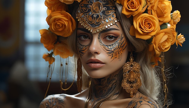 Foto mulher bonita com tatuagem dourada olhando com confiança para a câmera gerada pela inteligência artificial