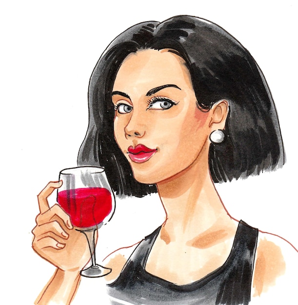 Mulher bonita com um copo de vinho tinto. Desenho a tinta e aguarela