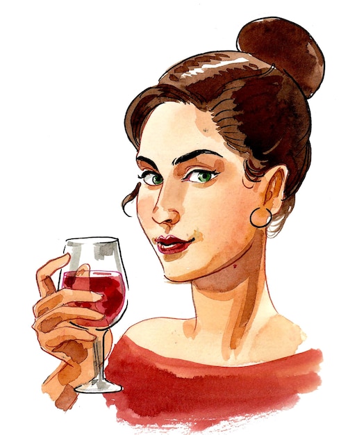 Mulher bonita com um copo de vinho tinto. Desenho a tinta e aguarela