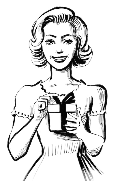 Foto mulher bonita com um presente. desenho de tinta preto e branco