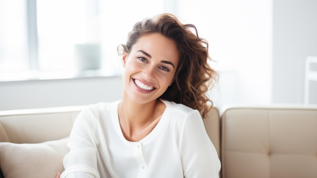 Mulher bonita com um sorriso radiante apoiada num sofá branco em casa