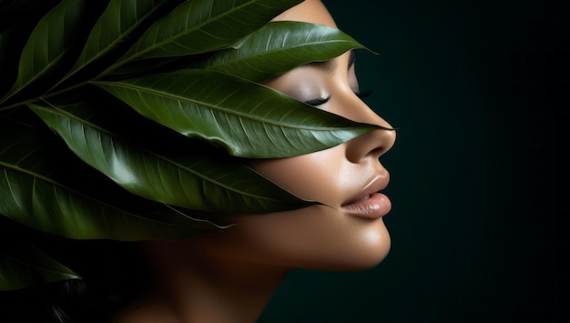 Mulher bonita com uma folha verde sobre o rosto maquiagem cosmética brilhante cuidado da pele facial