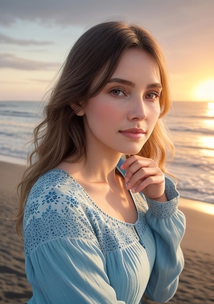 Mulher bonita com vestido azul claro na praia com o pôr do sol Generative AI