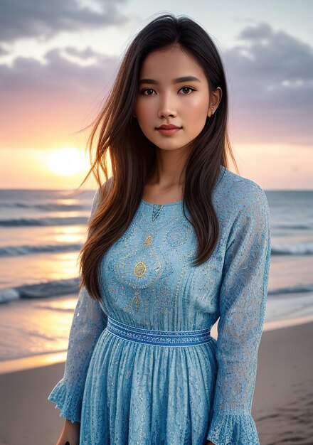 Mulher bonita com vestido azul claro na praia com o pôr do sol Generative AI