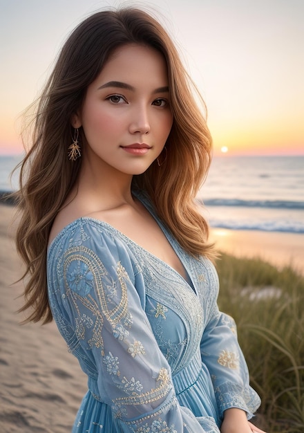 Mulher bonita com vestido azul claro na praia com pôr do sol na primavera IA generativa